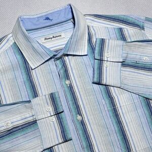 Tommy Baham Corsica Button Shirt Mens Large Stretch Linen Blend Striped Pocket